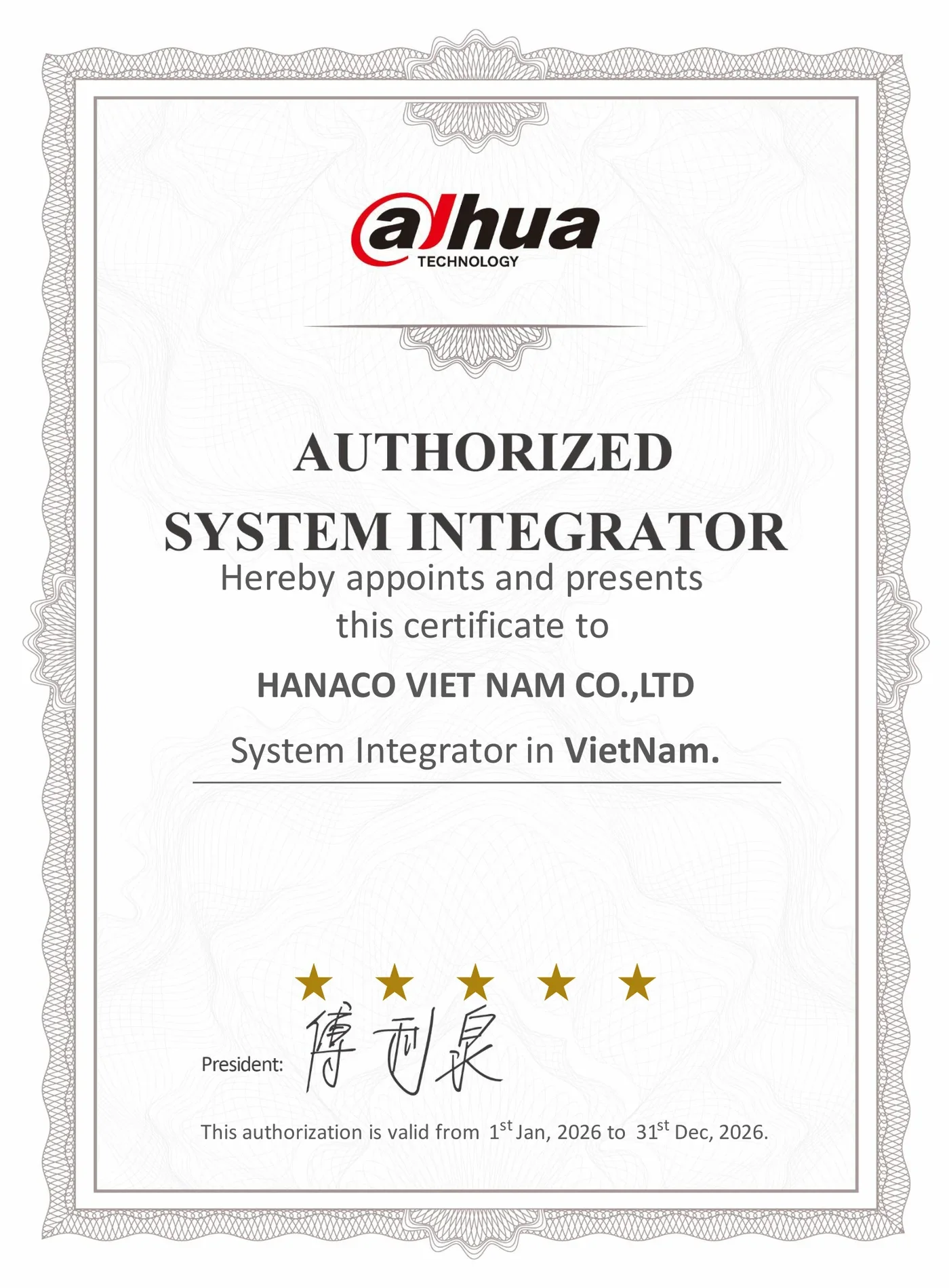 Giấy chứng nhận Nhà phát triển dự án tại Việt Nam của Dahua Technology cấp cho HANACO